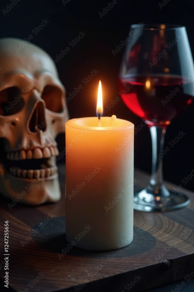 Unlit candle with a glass of wine and a skull in the background, blurry focus, quiet moment Unlit candle with a glass of wine and a skull in the background, blurry focus, quiet moment