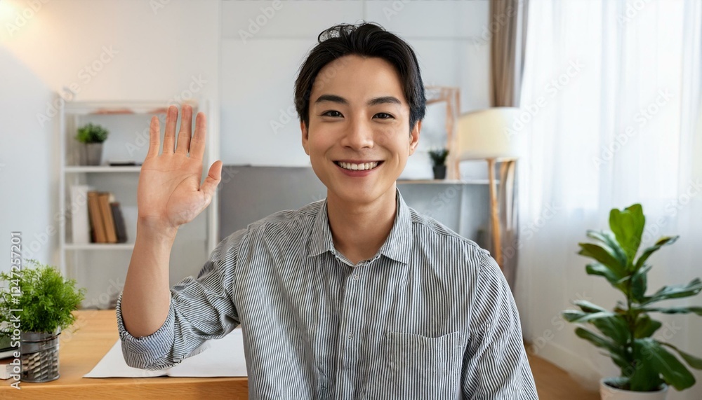 笑顔で手を振っているビデオ通話中の男性。(A man on a video call smiling and waving.)
笑顔で手を振っているビデオ通話中の男性。(A man on a video call smiling and waving.)