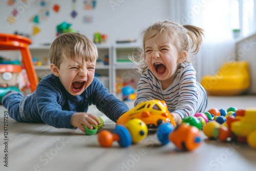 Little kids are fighting in room at home. Children pull same toy each in their own direction. Babies crying and screaming. Relations of sibling in family. Babies adaptation in groups photo