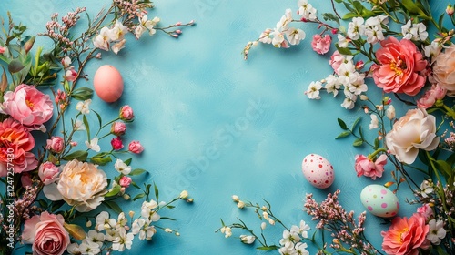 Brightly colored flowers frame a cheerful layout featuring pastel Easter eggs on a smooth blue backdrop
