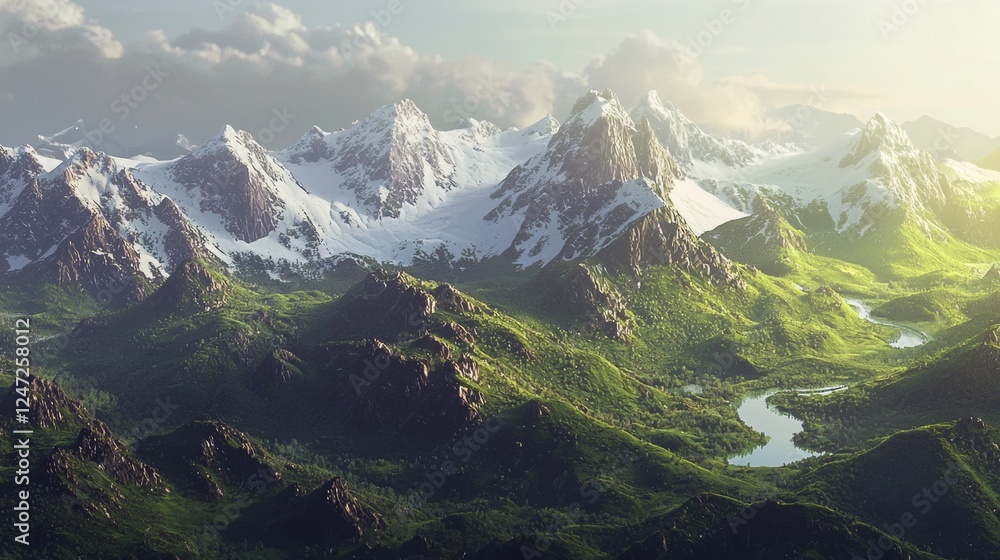 Fototapeta premium Majestic mountain landscape showcasing rugged peaks and lush valleys during golden hour light