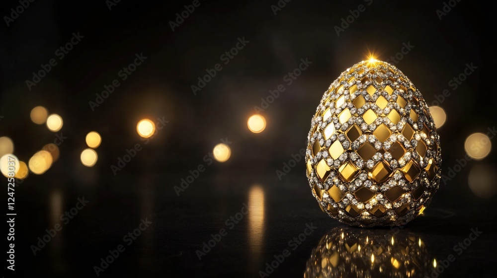 Fototapeta premium A diamond-studded golden Easter egg frame resting on a black velvet background with soft spotlights
