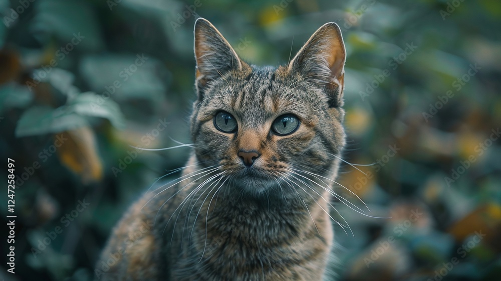 Tabby cat in natural outdoor setting, intense gaze, green foliage background, close-up feline portrait, curious and photogenic expression, sharp details of whiskers and fur, natural lighting
Tabby cat in natural outdoor setting, intense gaze, green foliage background, close-up feline portrait, curious and photogenic expression, sharp details of whiskers and fur, natural lighting