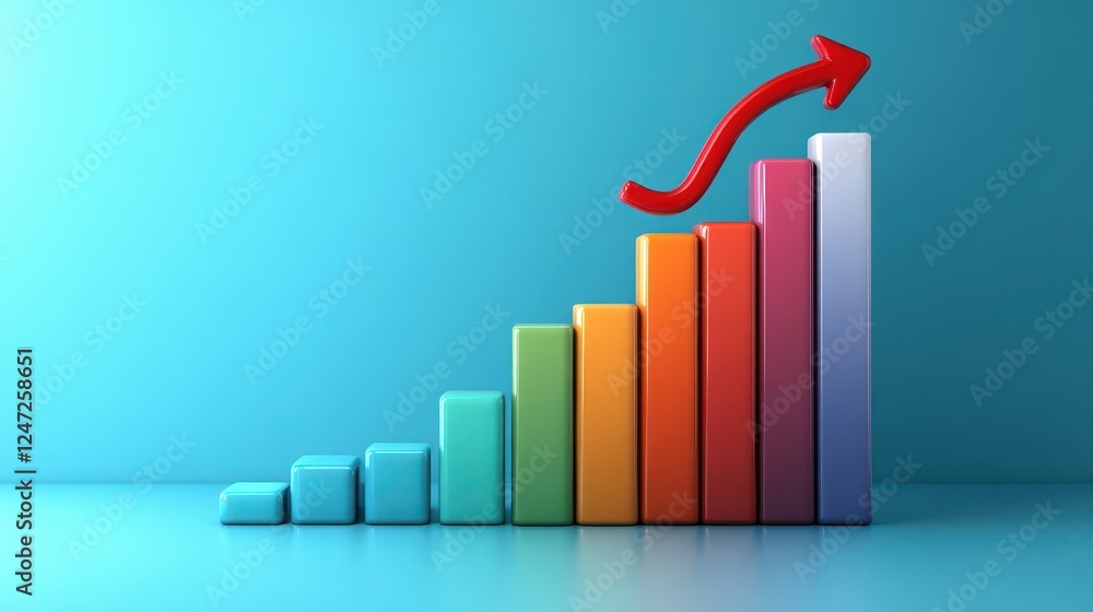 Colorful Bar Graph with Red Upward Arrow on Blue Background Colorful Bar Graph with Red Upward Arrow on Blue Background