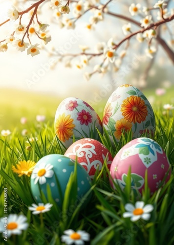 Beautiful postcard with painted colorful easter eggs in beautiful nature landscape in spring easter eggs on fresh green meadow happy easter! easter border border easter spring decoration background ca