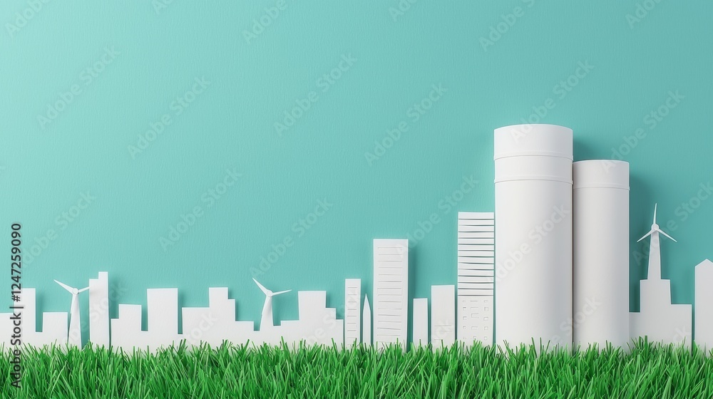Paper Models of City Skyline with Green Grass and Wind Turbines Representing Sustainability Paper Models of City Skyline with Green Grass and Wind Turbines Representing Sustainability