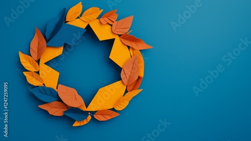 Colorful Paper Leaves and Arrows Forming a Circular Frame on Blue Background