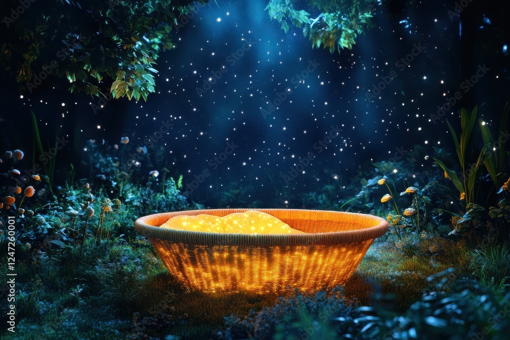 Enchanted basket glowing under starry sky surrounded by mystical forest Enchanted basket glowing under starry sky surrounded by mystical forest