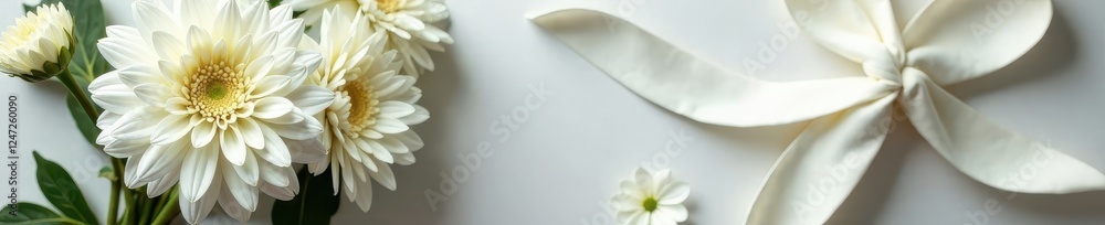 White chrysanthemum bouquet with a ribbon wrap, ribbon, chrysanthemum, decorative White chrysanthemum bouquet with a ribbon wrap, ribbon, chrysanthemum, decorative