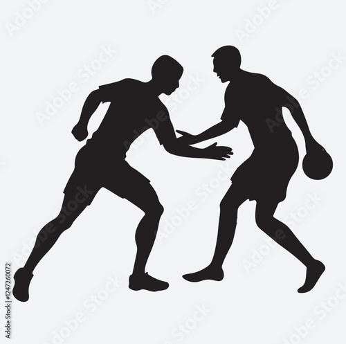 vector silhouettes of handball player, two player playing hand ball silhouette vector art illustration