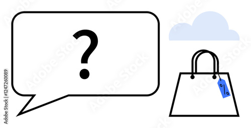 Question mark inside speech bubble, shopping bag with price tag, and cloud. Ideal for retail queries, customer support, e-commerce, shopping inquiries, pricing questions, consumer decisions