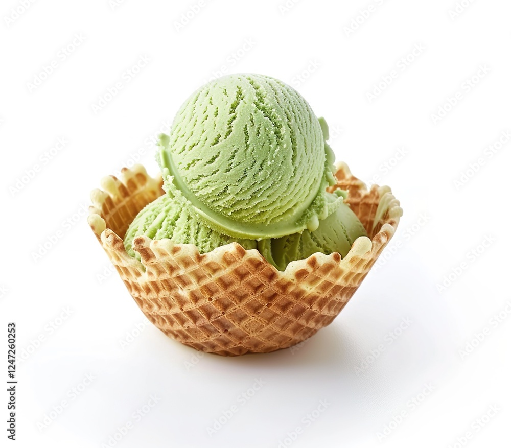 Fototapeta premium mint or pistachio ice cream scoops in a waffle basket