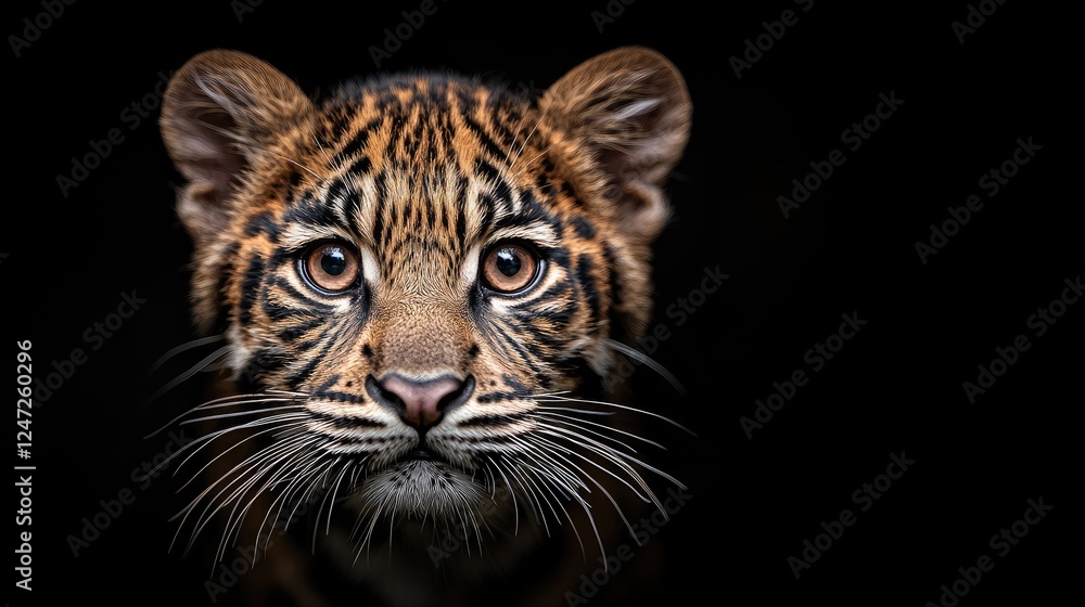 Obraz premium Cute tiger cub portrait, dark background, wildlife photography, zoo animal