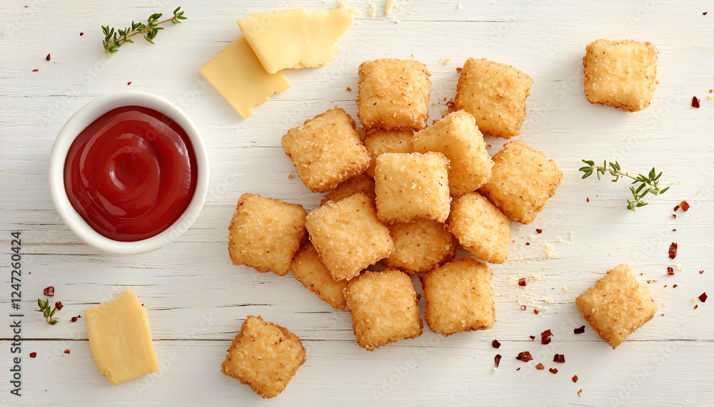 Naklejka premium Tasty ketchup, cheese sticks and chicken nuggets on white wooden table, flat lay. Space for text