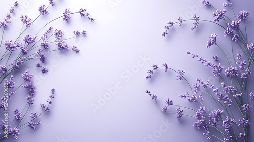 Lavender sprigs frame, purple background, floral design