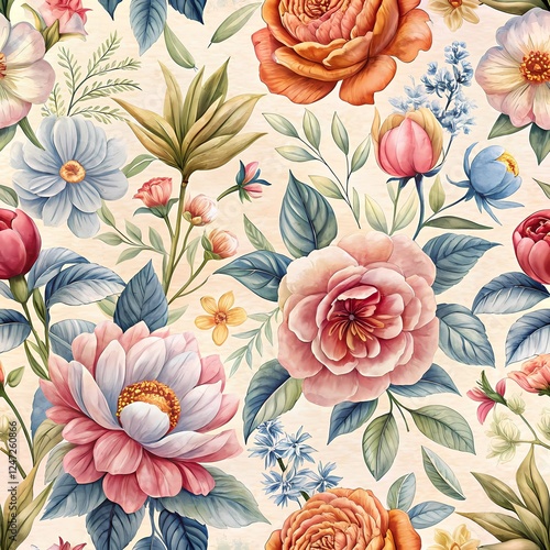 Detailed Watercolor-Style Floral Pattern Seamless Background with a Blend of Vintage and Modern Aesthetics