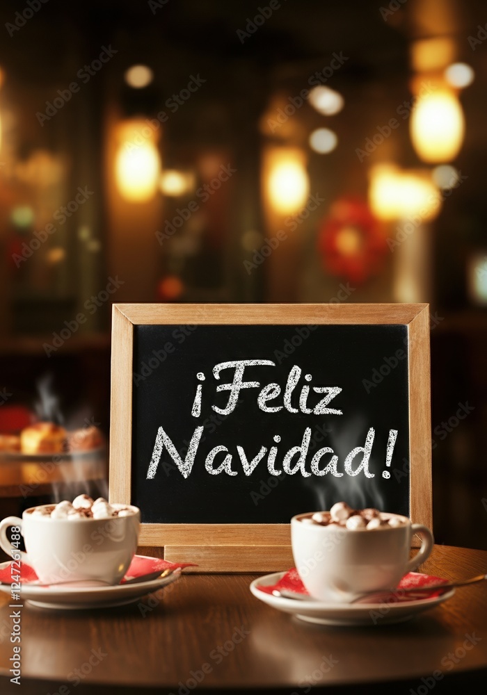 Fototapeta premium ¡Feliz Navidad! Festive chalkboard with hot chocolate cups on a table