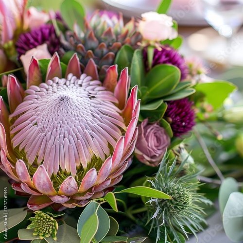 A stunning close-up showcases large king protea flowers surrounded by purple thistles and delicate roses. This floral arrangement bursts with color, perfect for an elegant celebration or gathering photo