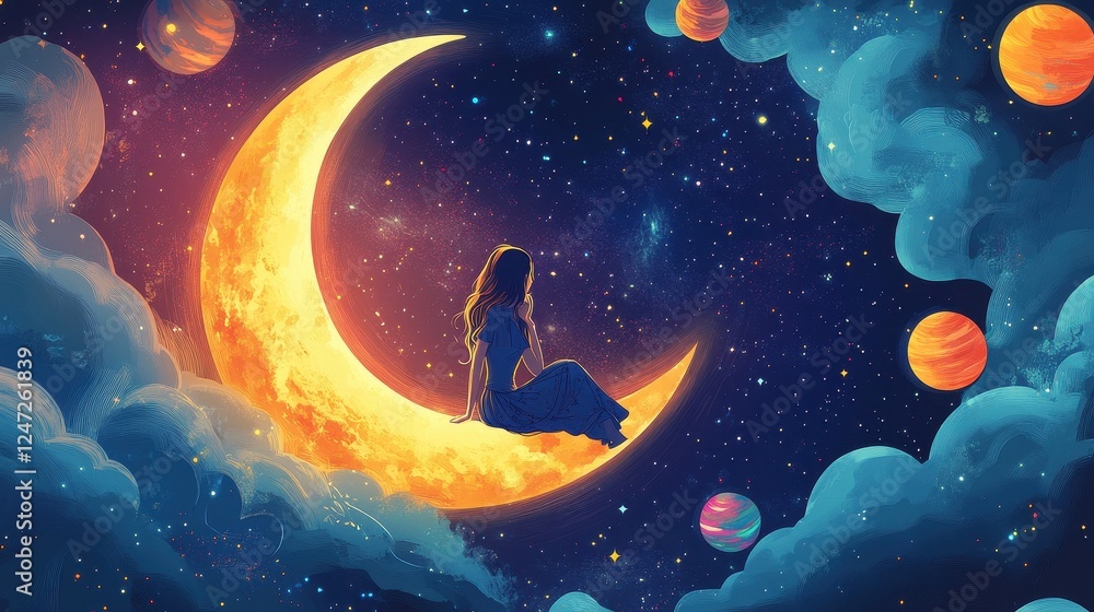 Naklejka premium Woman Sitting on a Crescent Moon in Space