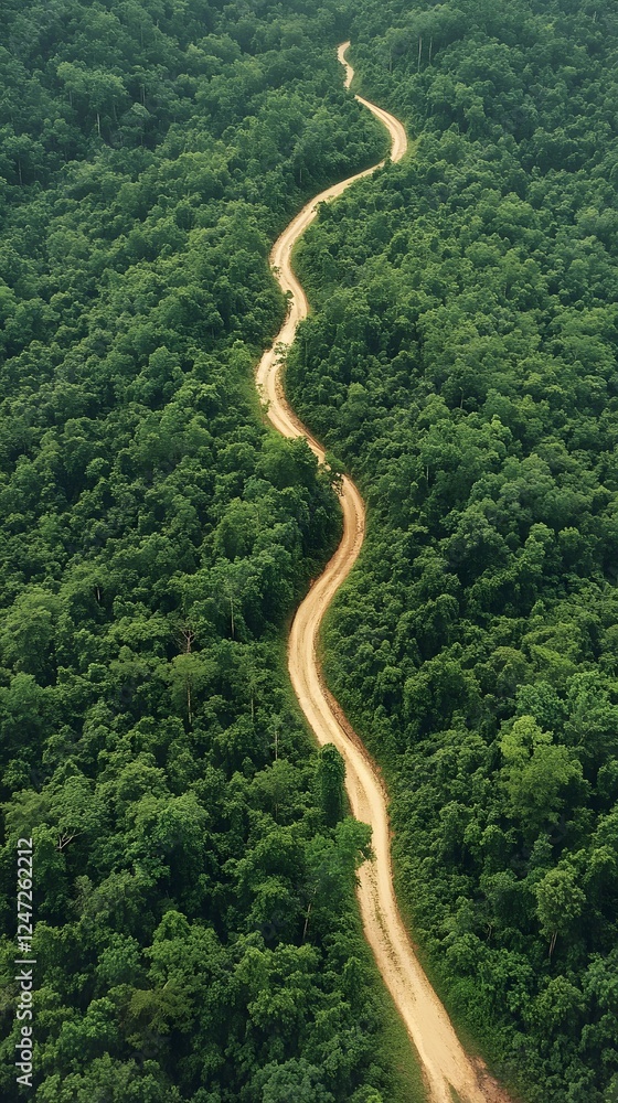 Aerial view of a winding road through a dense forest, top-down perspective
Aerial view of a winding road through a dense forest, top-down perspective