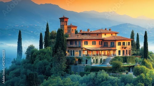 Italian Villa Sunset Mountain Landscape photo