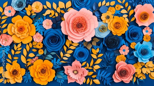 Vibrant Paper Craft Arrangement of Blooming Flowers with Leaves on Dark Blue Background