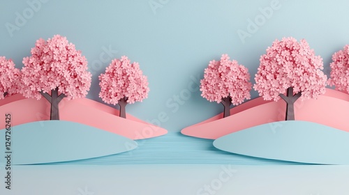 Gentle Paper Craft Landscape with Pink Trees and Soft Blue Hills and Stream