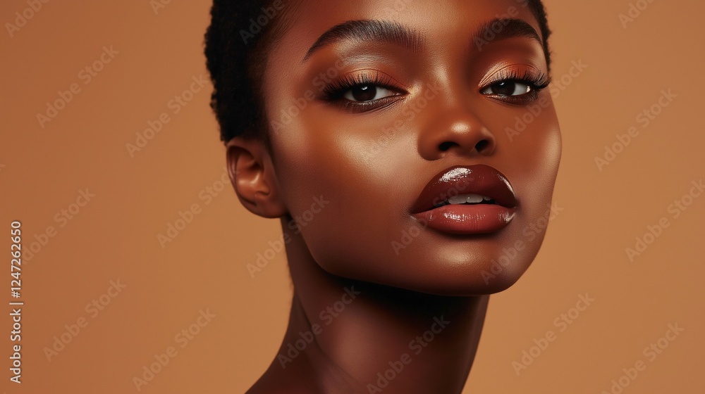 Radiant Beauty Portrait: A captivating portrait of a young woman with rich, luminous skin, her captivating eyes filled with confidence and grace. Radiant Beauty Portrait: A captivating portrait of a young woman with rich, luminous skin, her captivating eyes filled with confidence and grace.