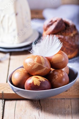 Curd paskha, Easter kulich and painted eggs, traditional Easter symbols consecrated in the church.