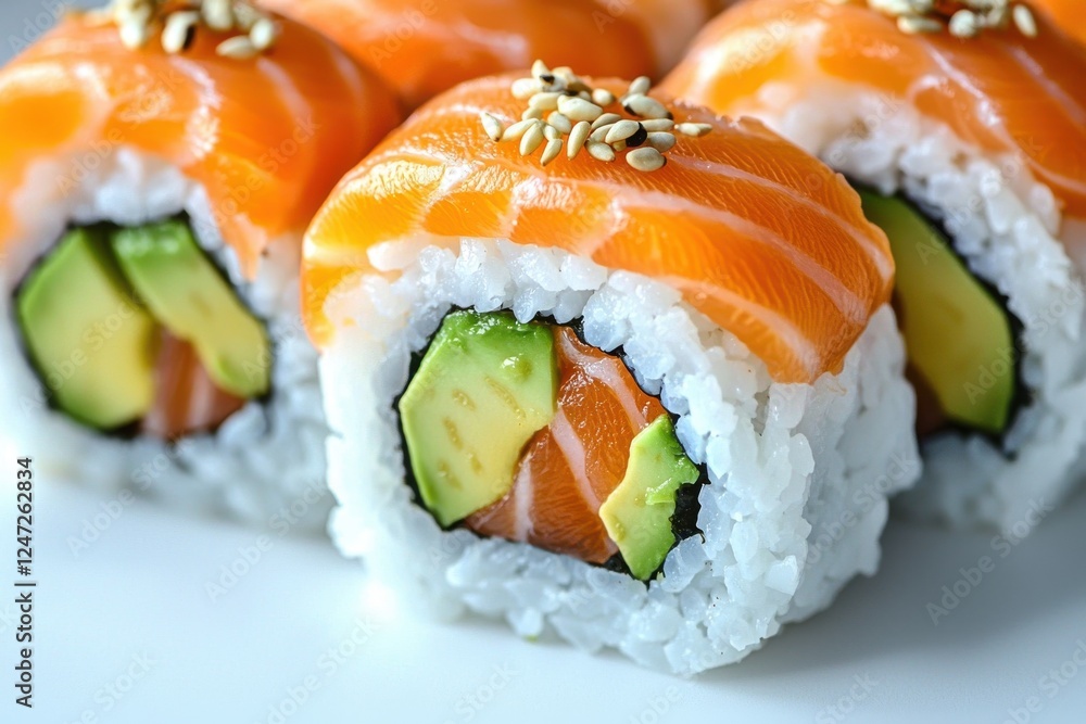 Mouthwatering sushi rolls featuring vibrant salmon and creamy avocado on a clean white background Mouthwatering sushi rolls featuring vibrant salmon and creamy avocado on a clean white background