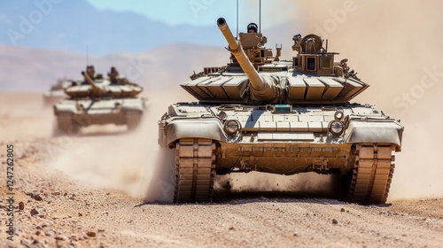 Military Vehicles Advancing Through Rugged Terrain in Desert Environment
