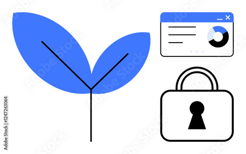 Leaf sprouting, data analytics dashboard indicating performance metrics, and padlock for security highlighting growth, technology, and protection. Ideal for sustainability, tech, security, growth photo