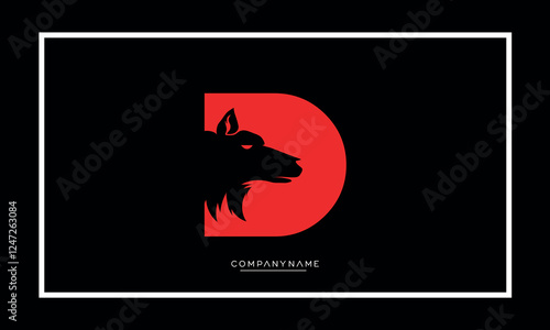 abstract negative space wolf head inside creative alphabet letter D