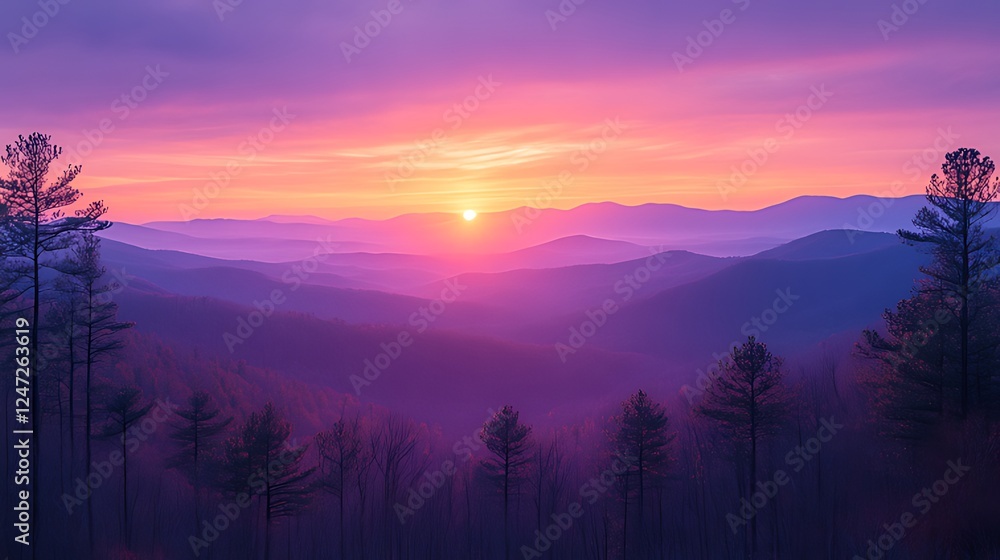 Fototapeta premium Sunrise over purple mountain range, scenic view, tranquil forest, peaceful dawn, nature background, travel poster