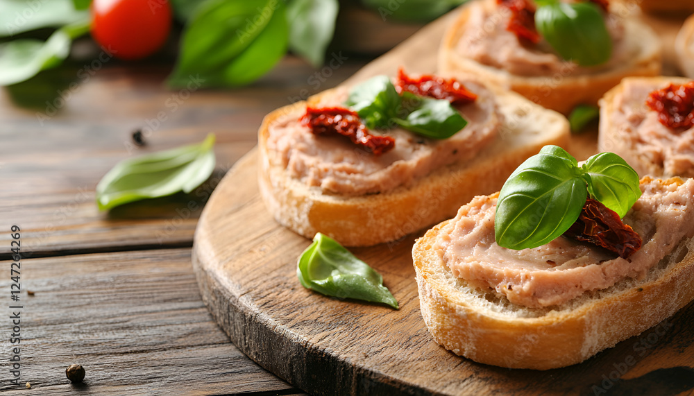 Slices of bread with delicious pate, sun dried tomatoes and basil on wooden table. Space for text Slices of bread with delicious pate, sun dried tomatoes and basil on wooden table. Space for text
