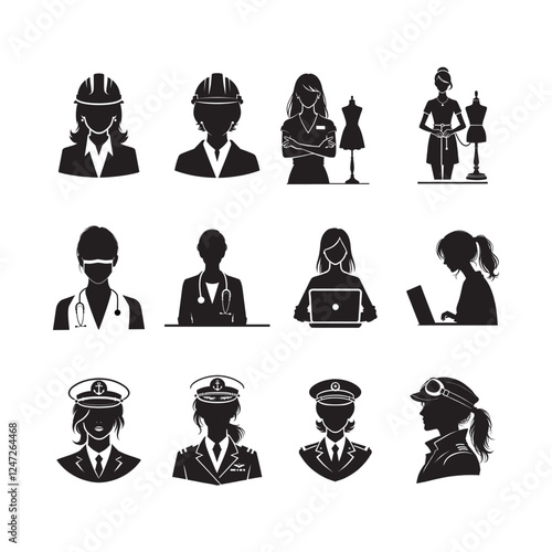 Women in Various Professions Silhouettes Vector Icon Set