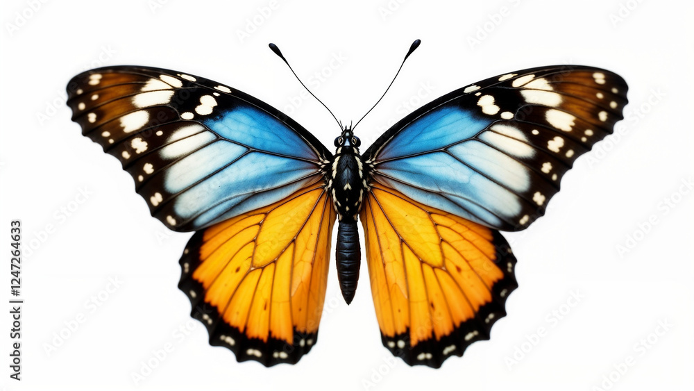 Fototapeta premium Colorful butterfly with striking blue and orange wings resting against a white background