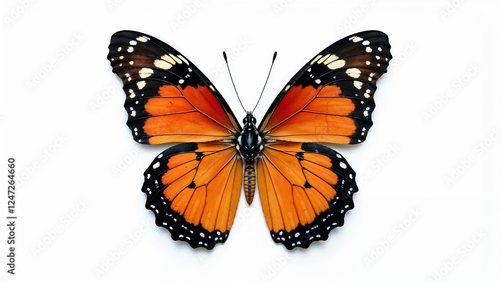 Obraz premium Colorful butterfly with striking blue and orange wings resting against a white background