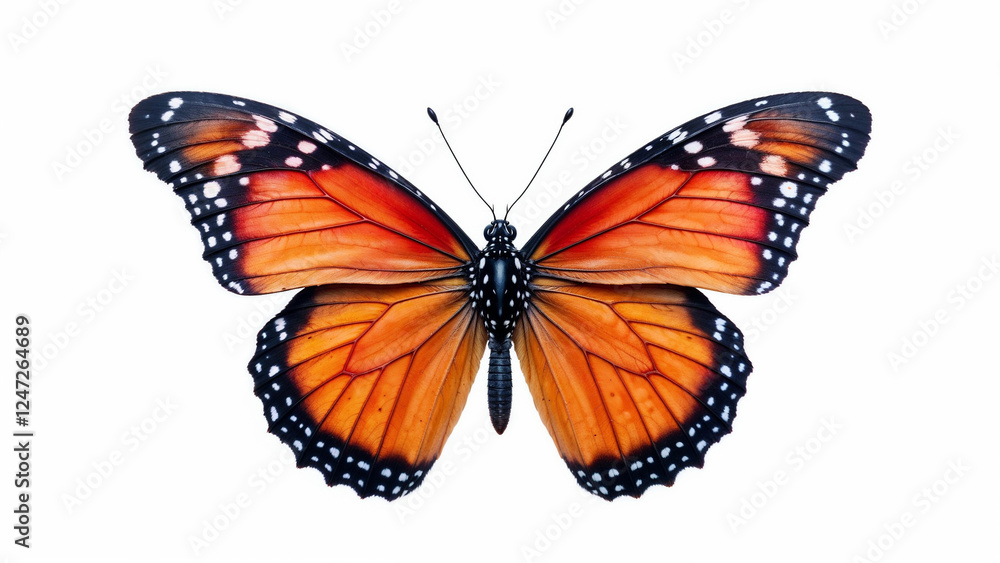 Fototapeta premium Colorful butterfly with striking blue and orange wings resting against a white background