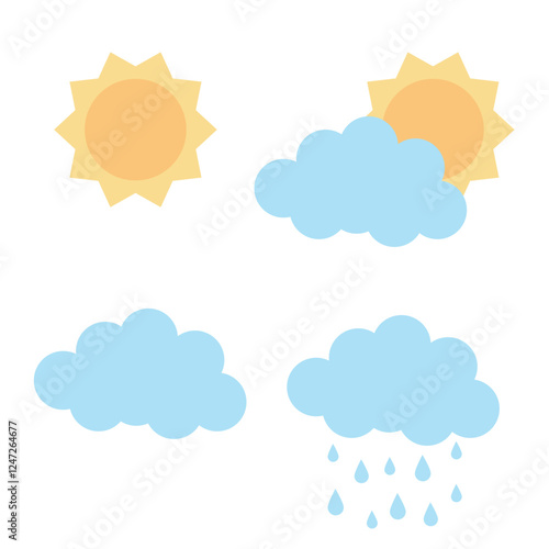 Set of weather elements stickers, sun behind a cloud, drops are dripping from the cloud. Vector illustration