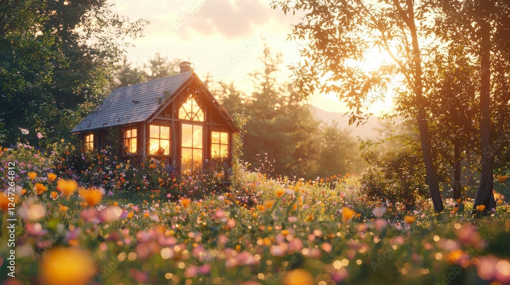 A cozy wooden house surrounded by colorful flowers and lush greenery, illuminated by warm sunlight during a tranquil evening. A cozy wooden house surrounded by colorful flowers and lush greenery, illuminated by warm sunlight during a tranquil evening.