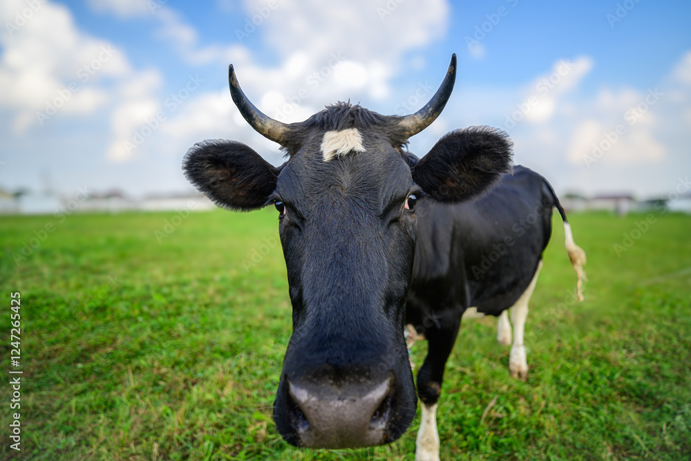 Black and white cow pasture on greenfield in summer day. Black and white cow pasture on greenfield in summer day.