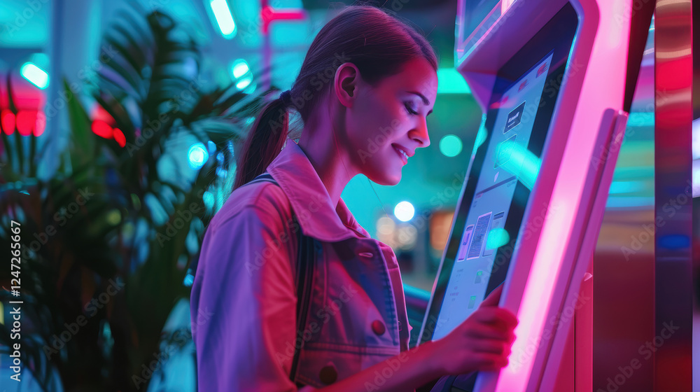 Obraz premium Businesswoman Using QR Code for Contactless Payment at Modern Self-Service Kiosk
