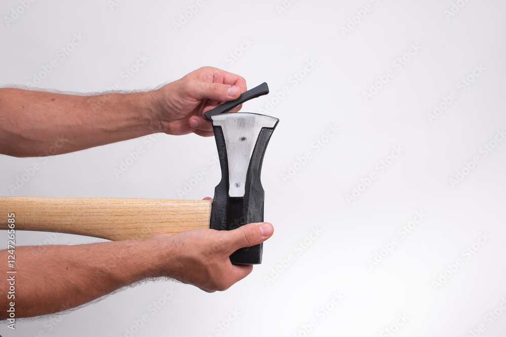Fototapeta premium men's hands put a protective case on the axe blade
