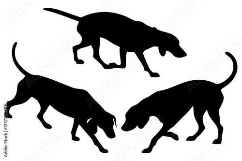 Dog Scent Tracking SVG Clipart Set – Bloodhound, GSP, and Dachshund Sniffing Silhouettes – Vector Art for Logos, Prints & Digital Designs on white background.