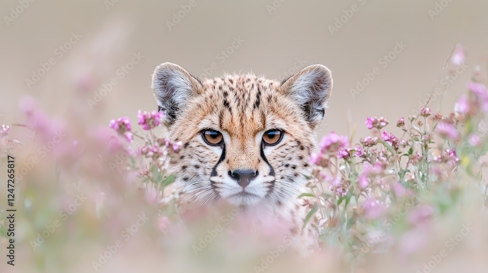 Obraz premium Cheetah cub amidst pink flowers, wildlife, nature