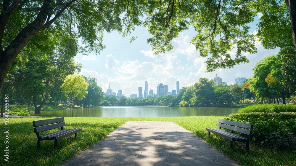 Fototapeta premium A serene park scene with benches overlooking a tranquil lake and a city skyline in the background, framed by lush green trees.
