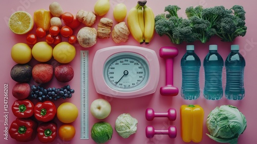 Healthy eating plan, pink background, diet scale, dumbbells photo