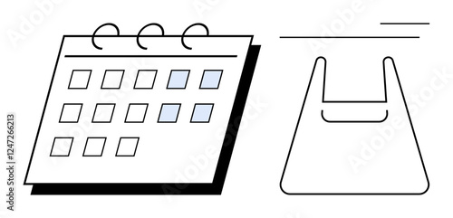 Calendar with ring binding, selected dates, adjoining shopping bag icon. Ideal for time management, planning events, scheduling shopping, organizing activities, retail logistics, consumer habits