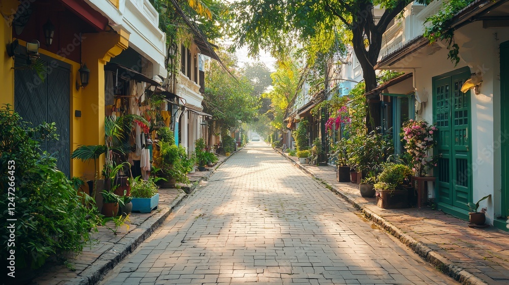 Fototapeta premium A serene street lined with charming houses and lush greenery, illuminated by soft morning light.